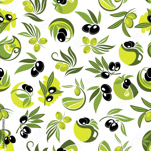 Olive branches and jugs of oil seamless pattern