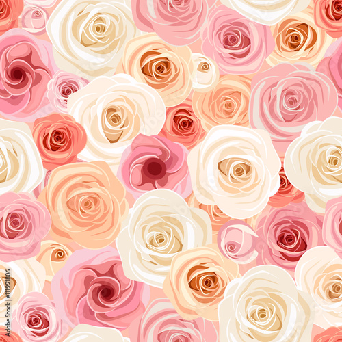 Vector seamless pattern with pink, orange and white roses and lisianthuses.