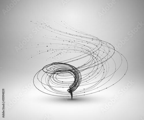 Tornado. Swirl with connected line and dots. Wired wavy structure. Technology connection concept. Vector abstract illustration.