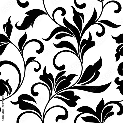 Elegant seamless pattern with black classic floral tracery on a white background. Vintage style.