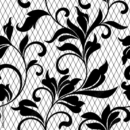 Lace black seamless pattern with flowers on white background. Lace floral background for your design wallpapers, wrapping, pattern fills, package