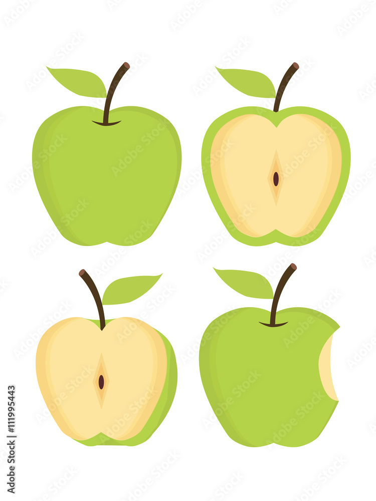Apples. Set of green. bitten and half of fruit with leaf. Vector illustration Apples. Set of green. bitten and half of fruit with leaf. Vector illustration