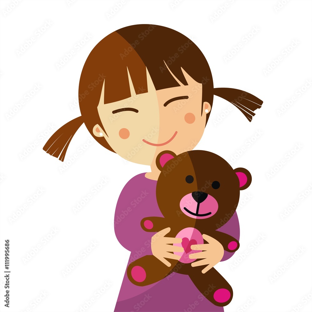 Niña feliz abrazando a su osito de peluche. Ilustración vectorial Niña feliz abrazando a su osito de peluche. Ilustración vectorial