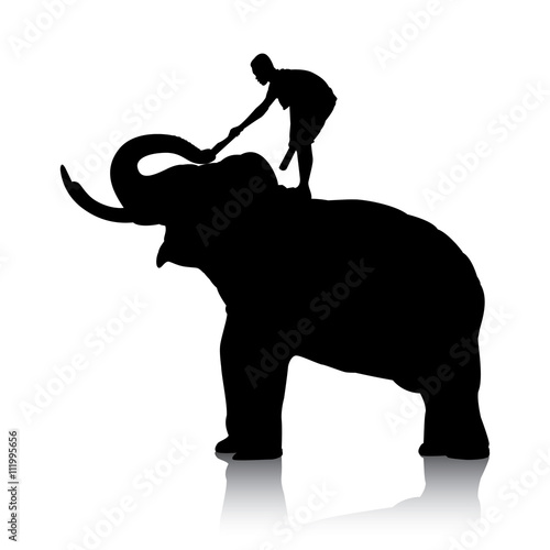 Vector silhouettes of elephant and mahout young boy on white background