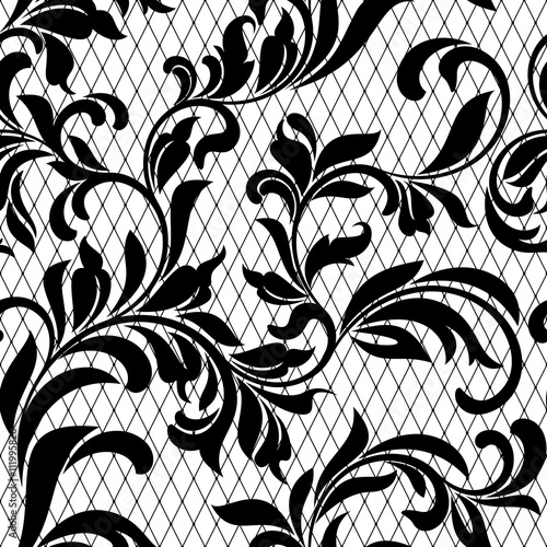 Lace black seamless pattern with flowers on white background. Lace floral background for your design wallpapers, wrapping, pattern fills, package design, textile.