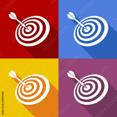 Icono plano dardo con diana con sombra en varios colores
