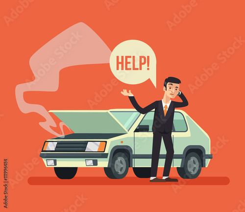 Man standing near broken car and calling. Vector flat cartoon illustration