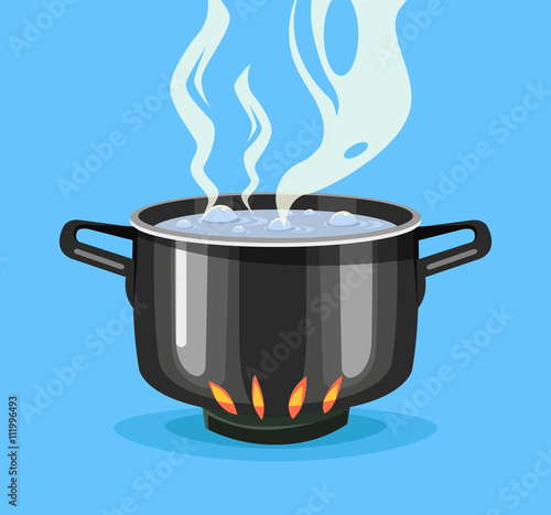 Boiling water in pan. Big black pot. Vector flat cartoon illustration
