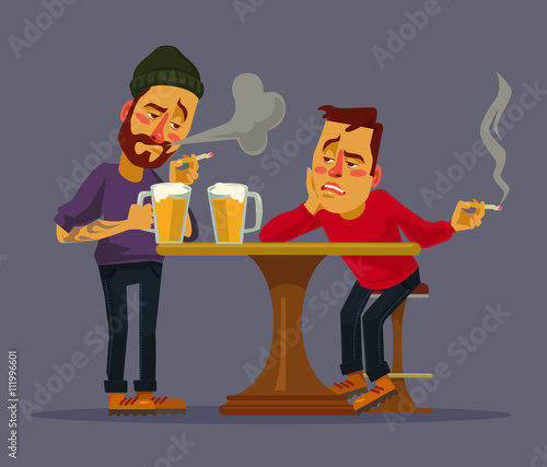 Two drunk friends discus problems. Vector flat cartoon illustration
