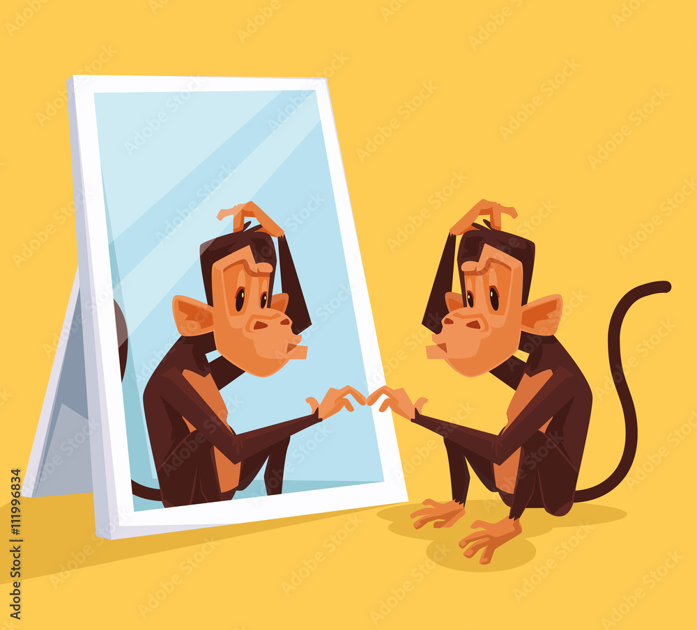 Obraz premium Monkey looks in mirror and did not understand who it is. Vector flat cartoon illustration
