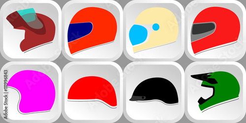 Set of different types of motorcycle helmets side view