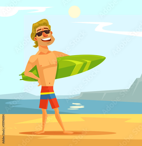 Happy sexy surfer man with surfing board. Vector flat cartoon illustration