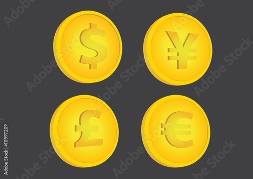 Gold Coins with Currency Symbols Vector Illustration