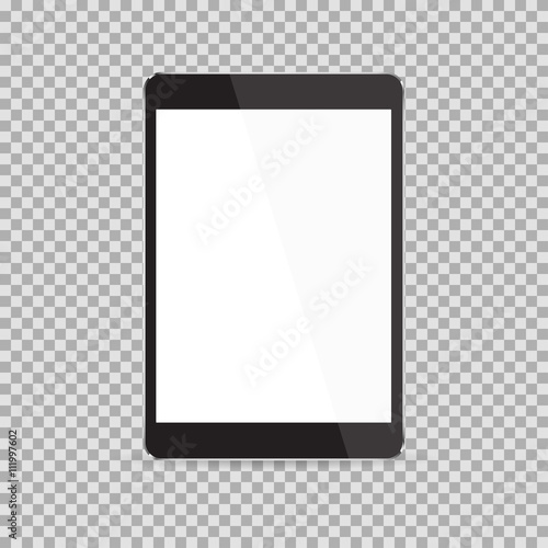 Realistic black tablet with blank screen isolated on white background. Vector illustration