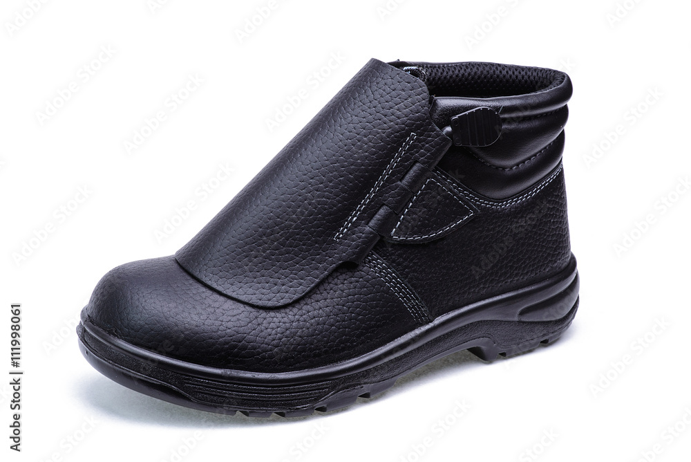 Black shoes for work/One black leather safety shoe isolated on white background Black shoes for work/One black leather safety shoe isolated on white background