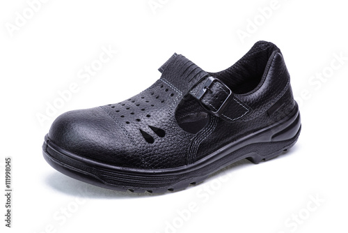 Footwear for worker/Black shoe leather for safe work on white background