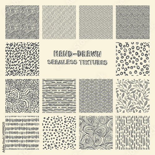 Set of hand drawn marker and ink seamless patterns.