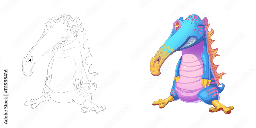 Coloring Book n Monster Creature Character Design Set 37 Pangolin Crocodile Fire Bird Creature Monster isolated on White Background Realistic Fantasy Cartoon Style Character Story Card Sticker Design