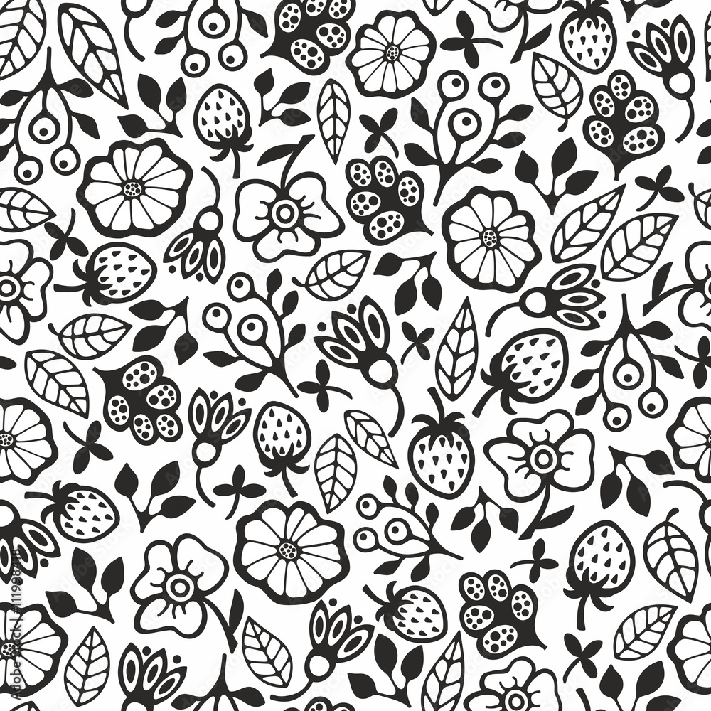 Obraz premium Black and white seamless pattern with flowers.