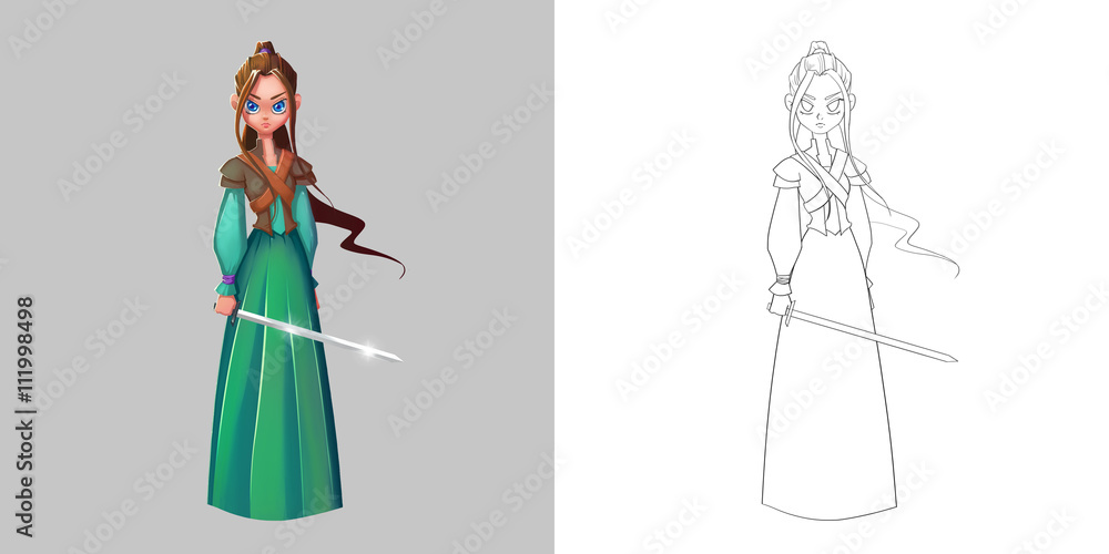 Coloring Book and Princess Girl Character Design Set 3 Ancient Chinese  Princess Sword Girl Warrior isolated on White Background Realistic  Fantastic Cartoon Style Character Story Card Sticker Design Stock  Illustration | Adobe Stock