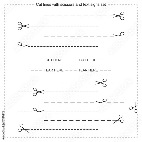 Vector illustration of 12 cut lines with scissors and text signs "Cut Here", "Tear Here" isolated on white. Fully editable file for packaging, coupon, clothing tag design and your different projects.