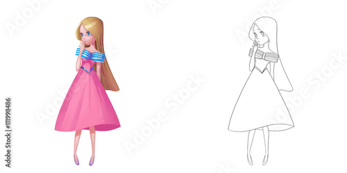 Coloring Book and Princess Girl Character Design Set 2 Beautiful Fashion Delicate Young Girl isolated on White Background Realistic Fantastic Cartoon Style Character Story Card Sticker Design  