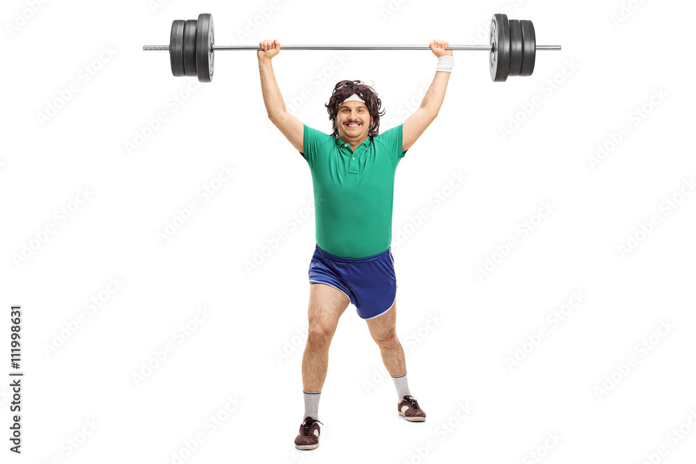 Retro man lifting a heavy barbell Retro man lifting a heavy barbell