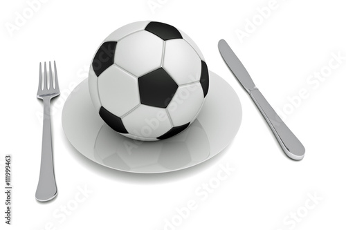 Soccer as food: football, plate and cutlery, 3d illustration