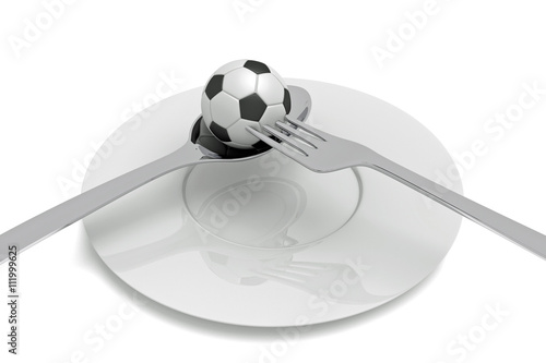 Soccer as food: football, spoon and plate, 3d illustration