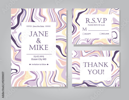Vector Wedding invitation card suite with ink marble style textu