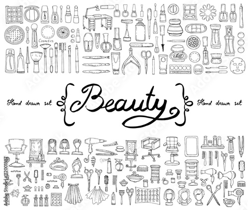 Vector set with hand drawn isolated doodles of cosmetics and symbols of beauty. Sketches for use in design
