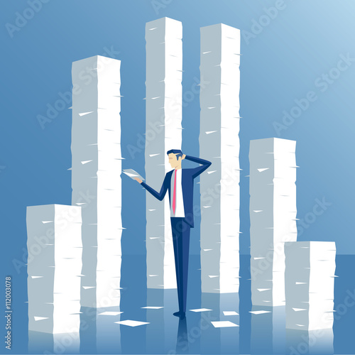 Business concept paperwork and overworked, vector illustration of an employee engaged in work with documents on the background of the large stacks of papers