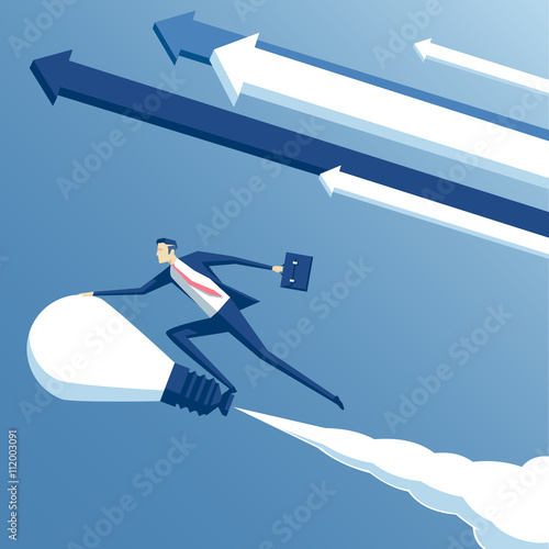 business concept ideas and creativity, vector illustration of businessman riding on the idea or a light bulb and flying in the sky