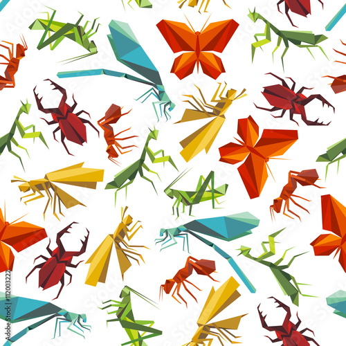 Colorful insects seamless pattern in origami style