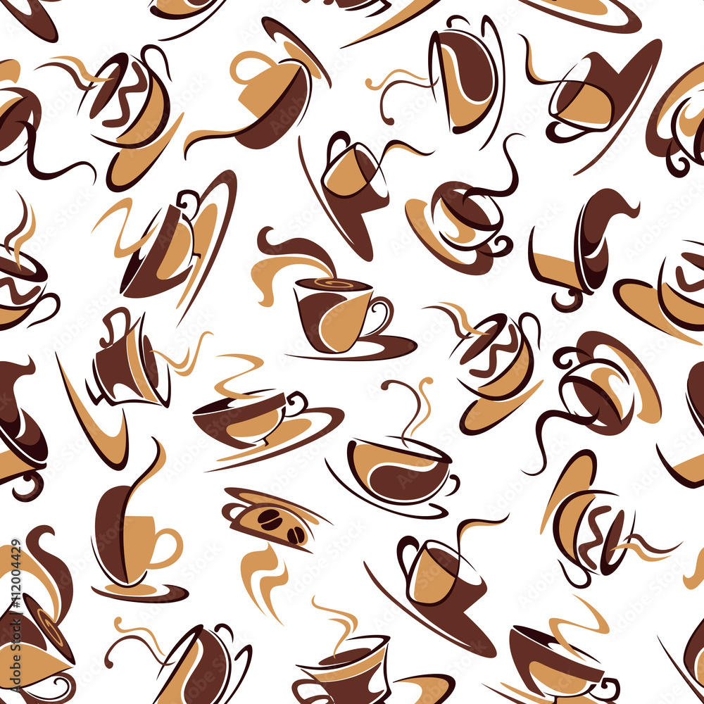 Brown cups of coffee with beans seamless pattern Brown cups of coffee with beans seamless pattern