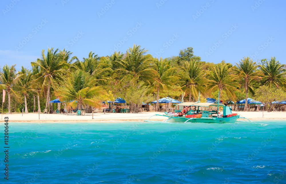Tropical coast, beach with palm trees and boat. Philippines.