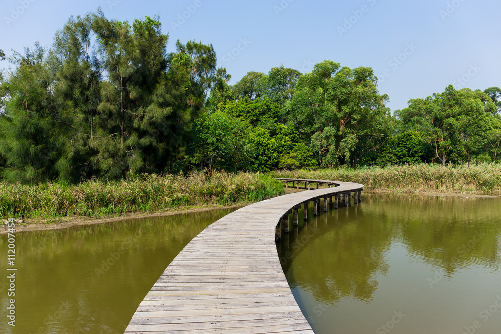 Obraz premium Long wood bridge in mangrove forest