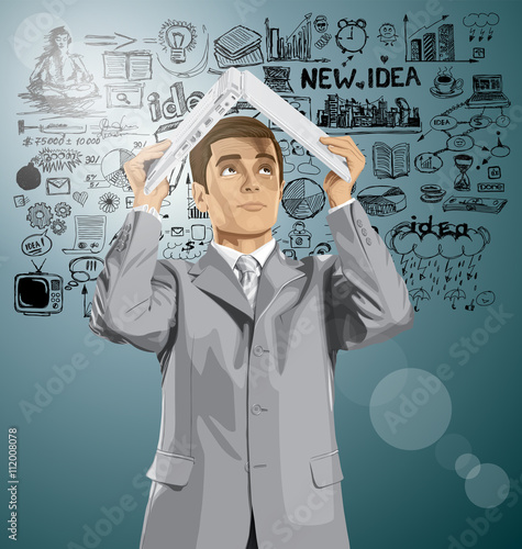 Vector Business Man Hides Under The Laptop