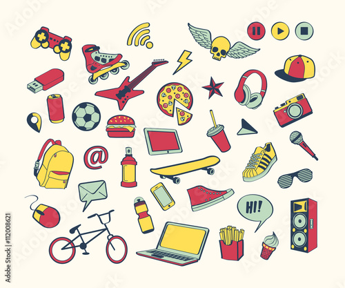 Doodle icon set. Colored hand drawn collection of doodle elements for design. Set for boy or teenager