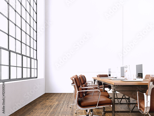 Interior modern meeting room with panoramic windows.Blank White Canvas on Wall.Generic Design Armchair and laptops in contemporary conference rom.Horizontal mockup. 3D rendering