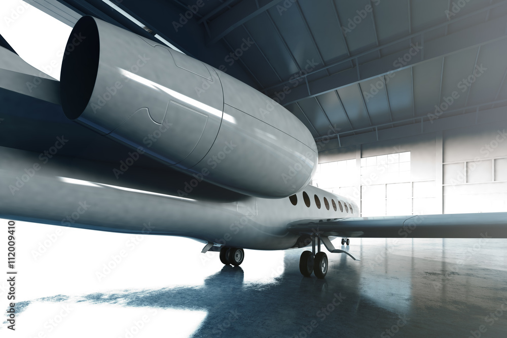 Photo of White Glossy Luxury Generic Design Private Jet parking in hangar airport. Concrete floor. Business Travel Picture. Horizontal, view from behind the turbine. Film Effect. 3D rendering.