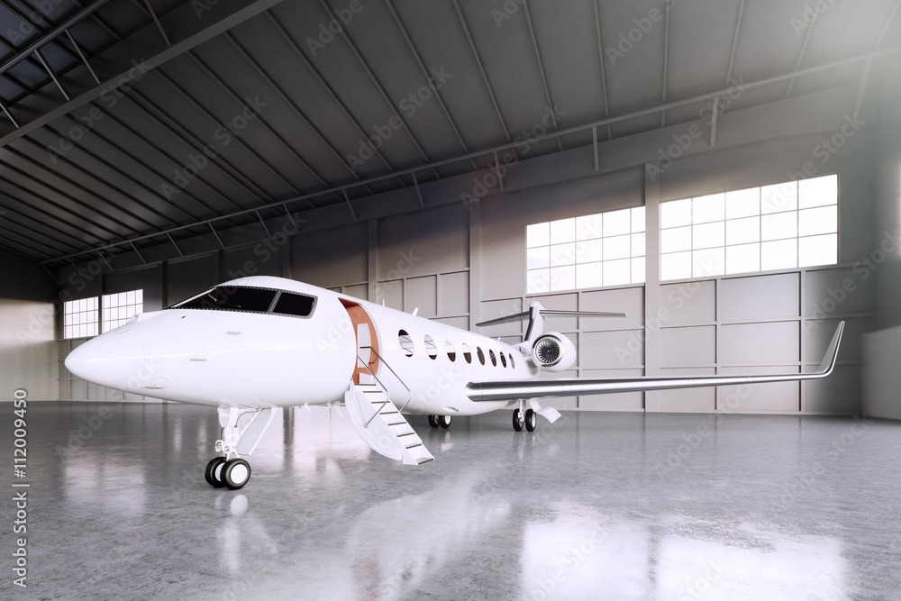 Image of White Matte Luxury Generic Design Private Jet parking in hangar airport. Concrete floor. Business Travel Picture. Horizontal, front angle view. Film Effect. 3D rendering. Image of White Matte Luxury Generic Design Private Jet parking in hangar airport. Concrete floor. Business Travel Picture. Horizontal, front angle view. Film Effect. 3D rendering.