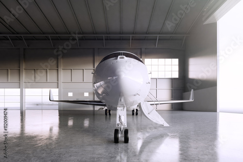 Image of White Glossy Luxury Generic Design Private Jet parking in hangar airport. Concrete floor. Business Travel Picture. Horizontal, front view. Film Effect. 3D rendering.