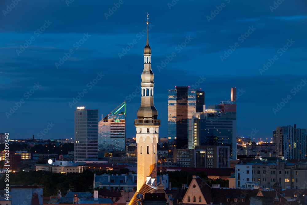 View of Tallinn old and modern on the bacground of night sky