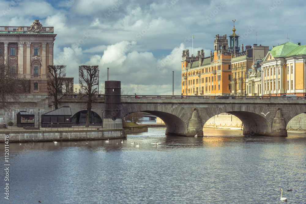 Fototapeta premium Bridge over the bay water in the center of Stockholm city, Sweden