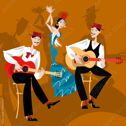 Flamenco. Dancing girl and two men playing a guitar.