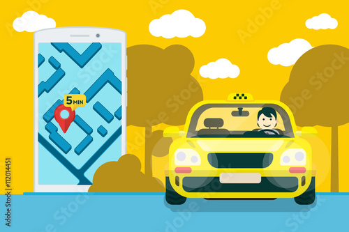 Taxi service. Flat yellow taxi with a driver traveling on the road. car front view. Flat mobile phone with a label on the map. Application for taxi online. Vector clipart graphics