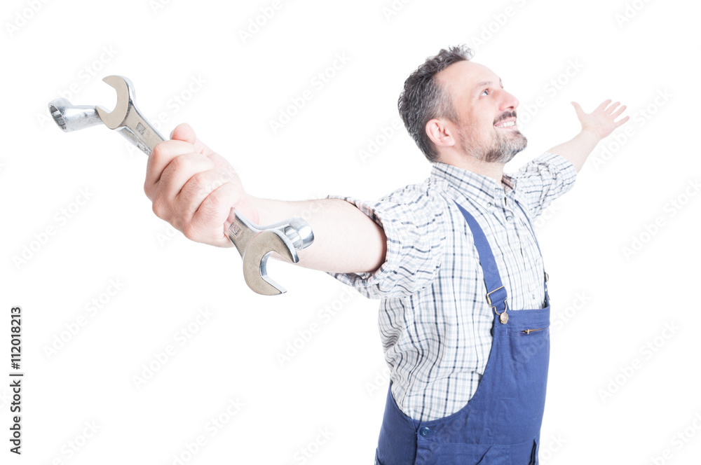 Positive feelings with happy mechanic enjoying his achievement Positive feelings with happy mechanic enjoying his achievement