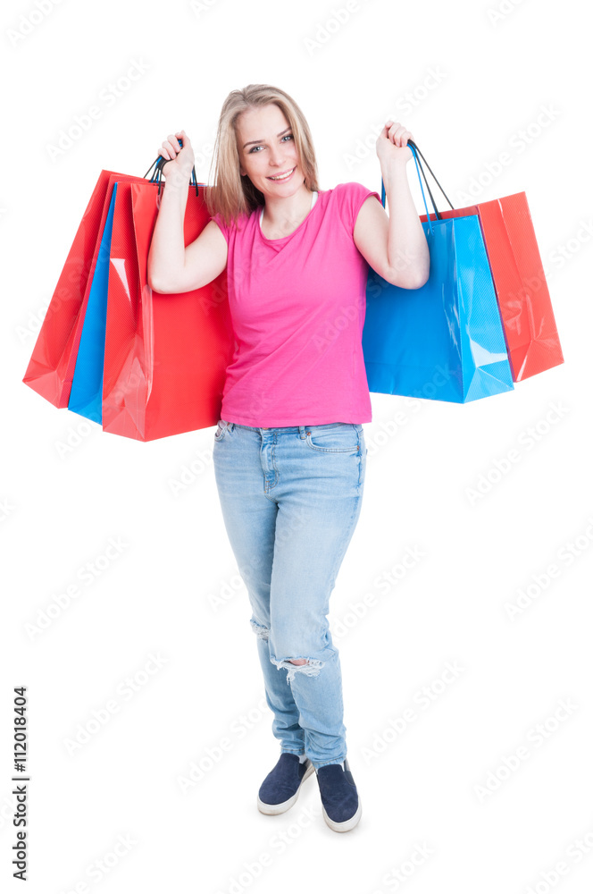 Concept of shopping with happy woman holding bags Concept of shopping with happy woman holding bags