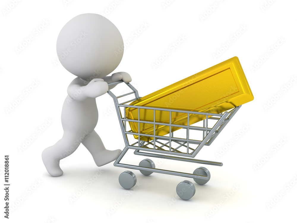 3D Character Pushing Shopping Cart with Large Gold Bar 3D Character Pushing Shopping Cart with Large Gold Bar